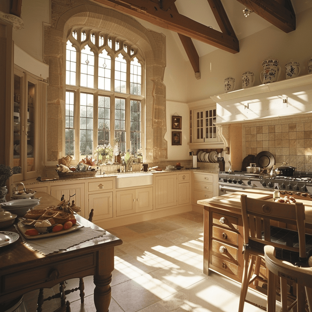 High ceilings and a spacious layout give this English countryside kitchen an open, airy feel that's ideal for gatherings