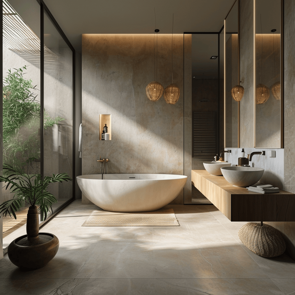 Homely Japandi style home bathroom designed for relaxation and minimalistic charm