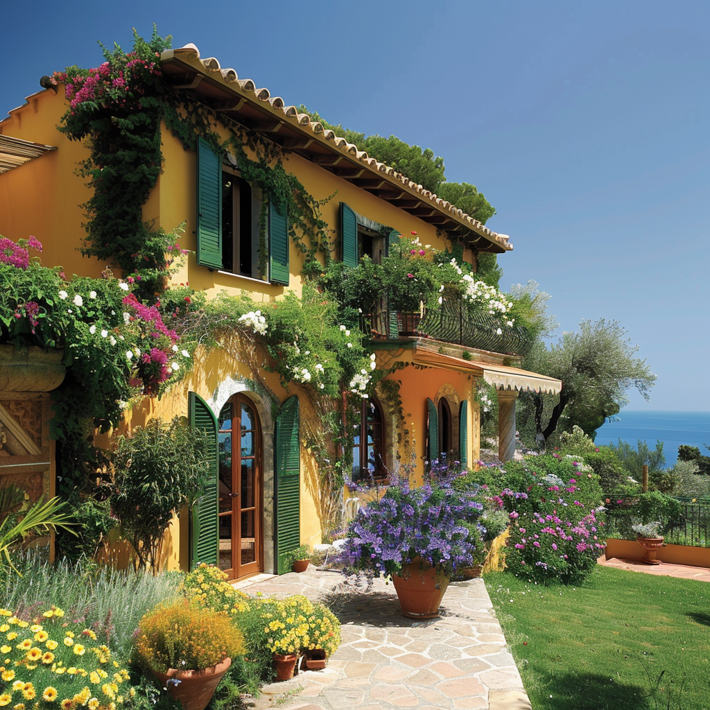 Idyllic Mediterranean residence with warm tones, colorful accents, a scenic balcony, and a lush garden