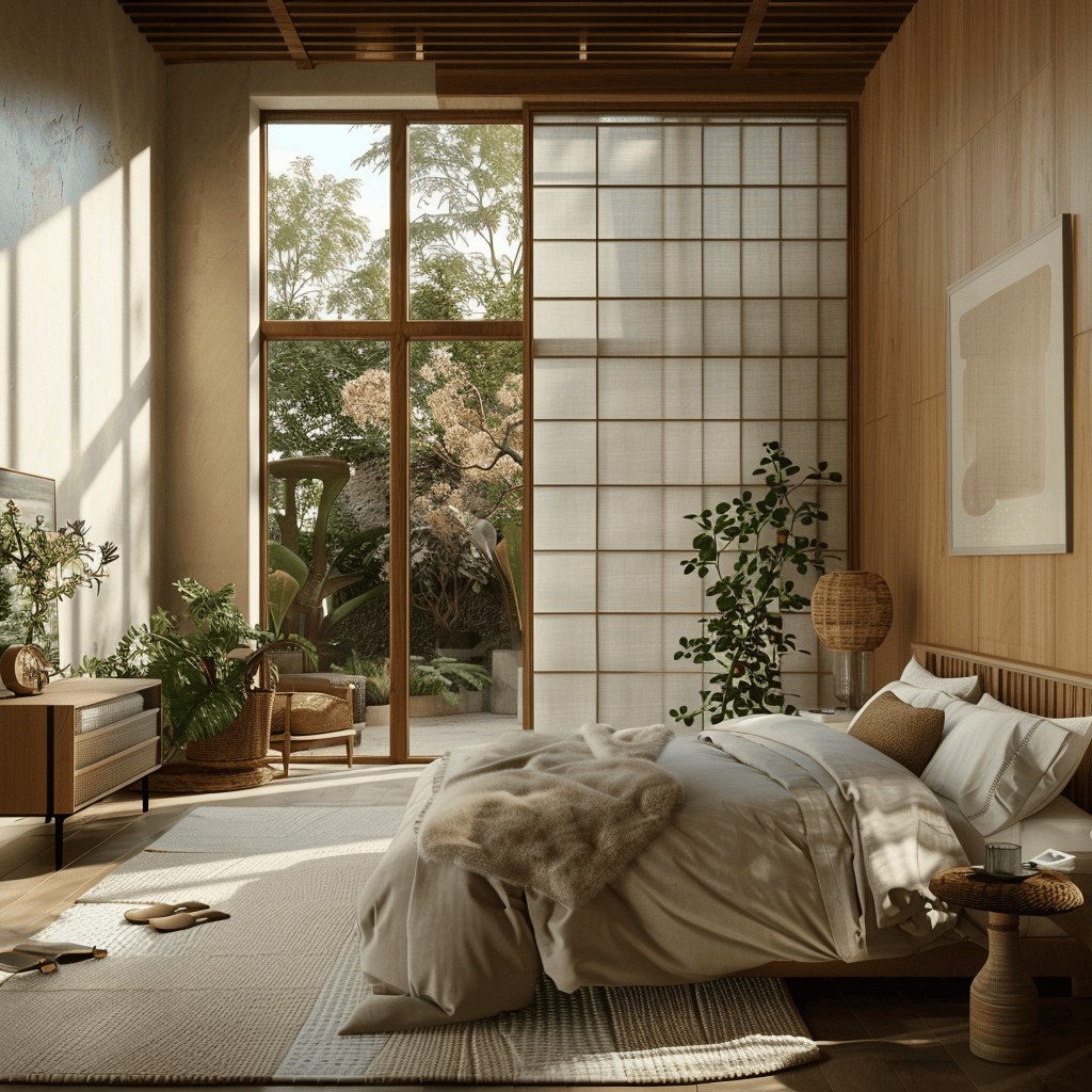 Immerse yourself in the nature-inspired ambiance of this mid-century modern bedroom, which integrates biophilic elements, such as potted plants, natural wood finishes, and an organic-shaped rug, to create a soothing and rejuvenating space