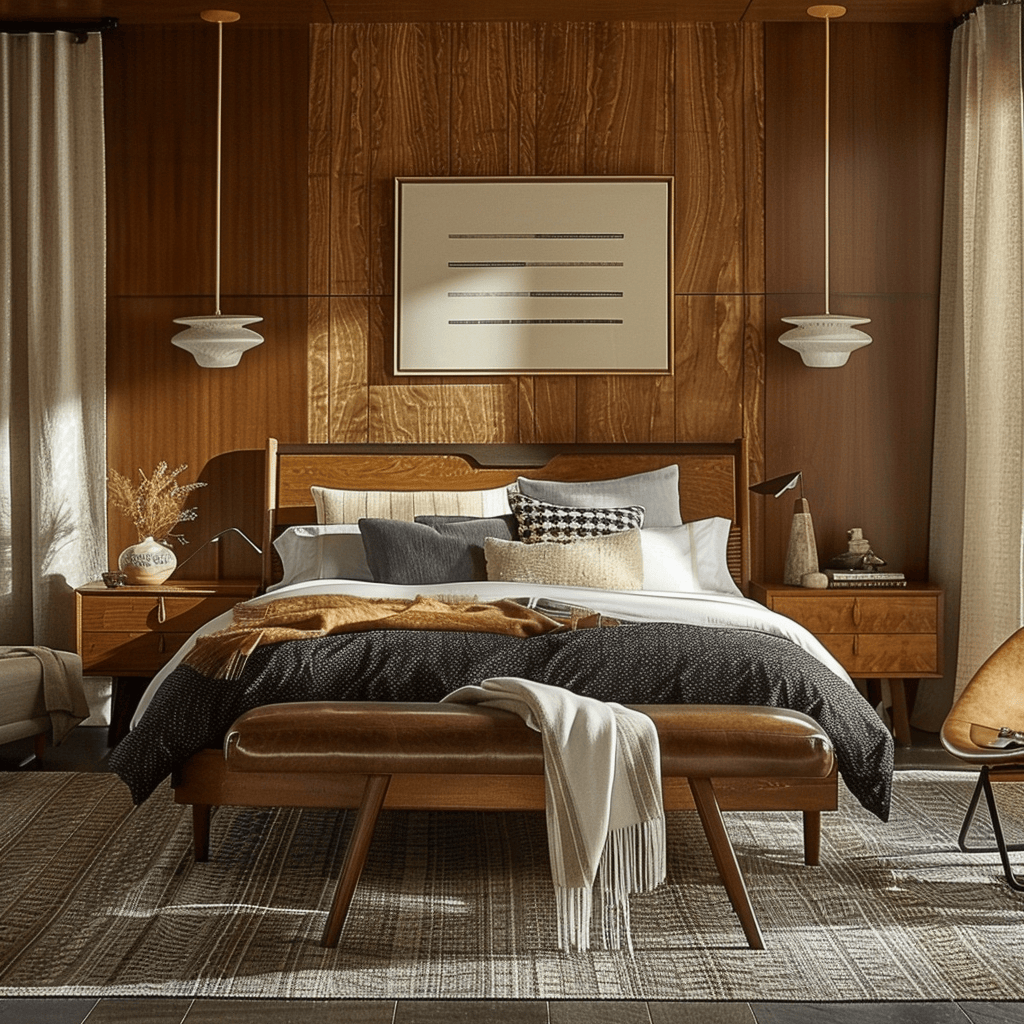 Immerse yourself in the visual complexity of this mid-century modern bedroom, where the art of layering is showcased through a mix of textures, patterns, and elements from different eras, resulting in a truly unique and engaging space