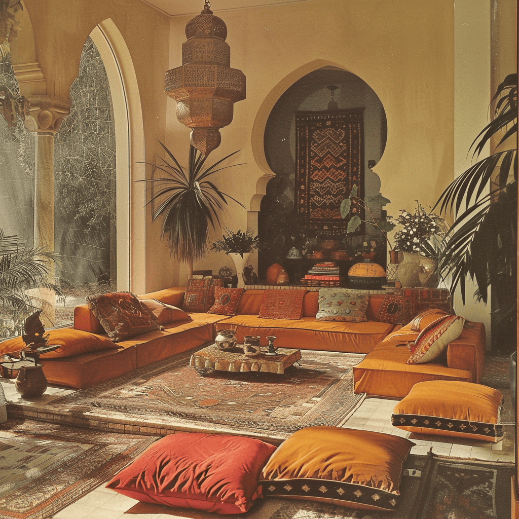 In this charming 1970s living room, a Mediterranean style sideboard takes center stage, its heavy, ornately carved doors and burnished, bronze hardware creating a sense of grandeur and antiquity