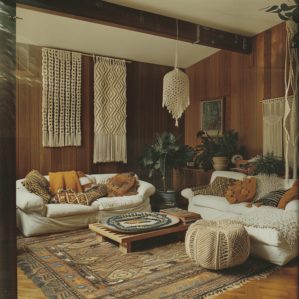 In this groovy 1970s living room, a pair of colorful macrame wall hangings flanks the fireplace, their vibrant, sunset-hued threads and bold, circular designs adding a pop of energy and a touch of whimsy to the space