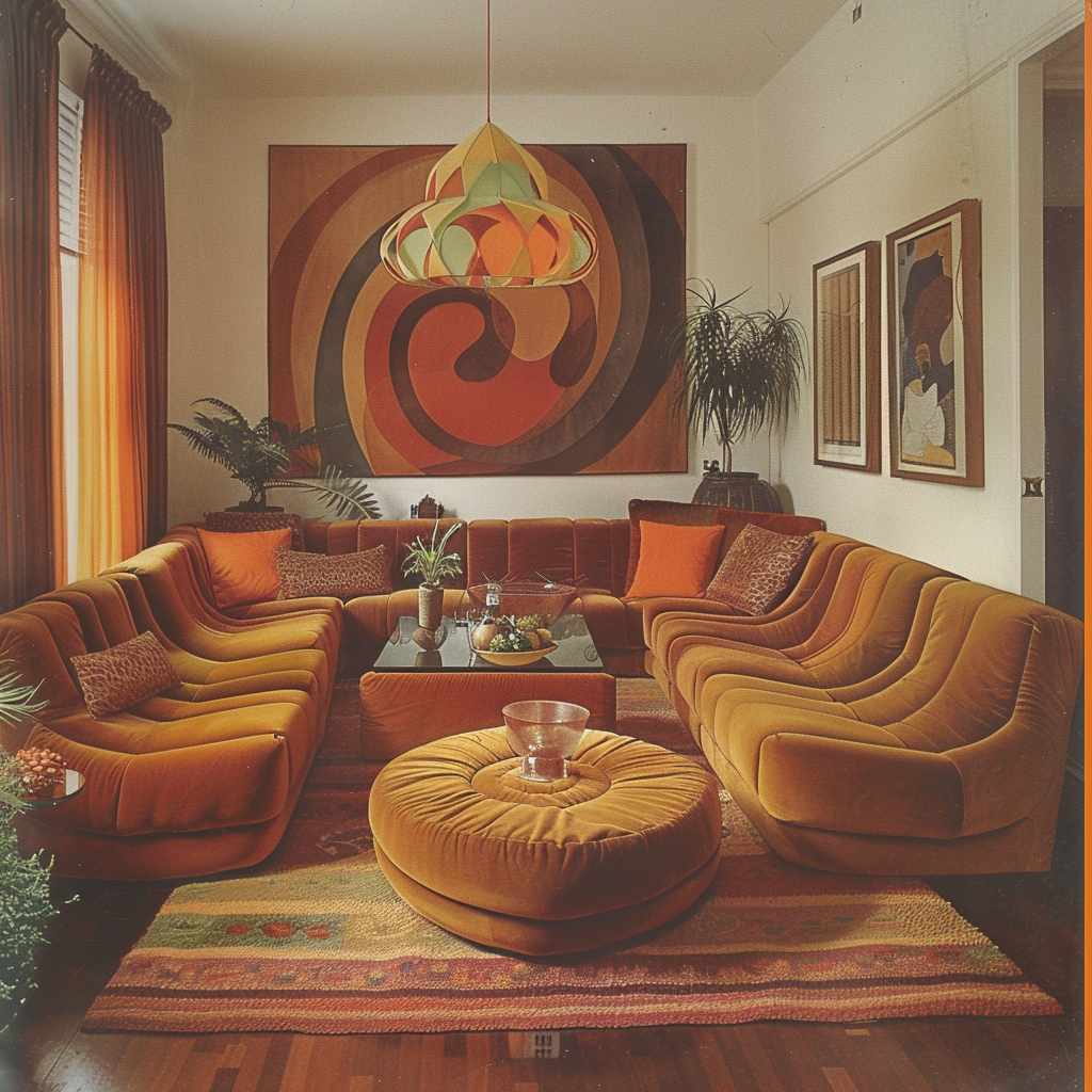 In this groovy 1970s living room, a set of modular, circular ottoman pods in a mix of bold, primary colors takes center stage, their playful, oversized scale and soft, cushioned surfaces inviting guests to lounge and relax in a variety of positions