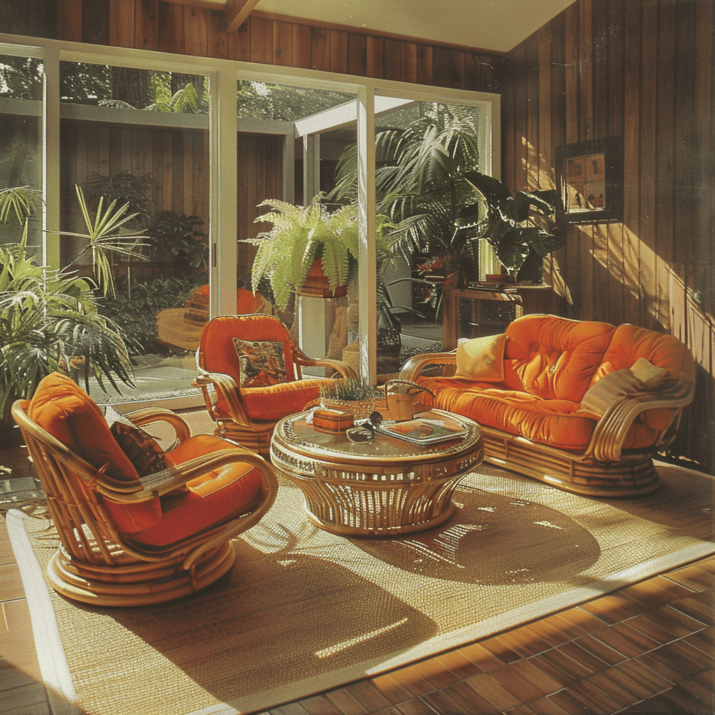 In this groovy 1970s living room, a set of stacked, modular rattan tables creates a focal point of visual interest and functional versatility, their geometric, cube-like shapes and smooth, tightly woven surfaces adding a sense of modern