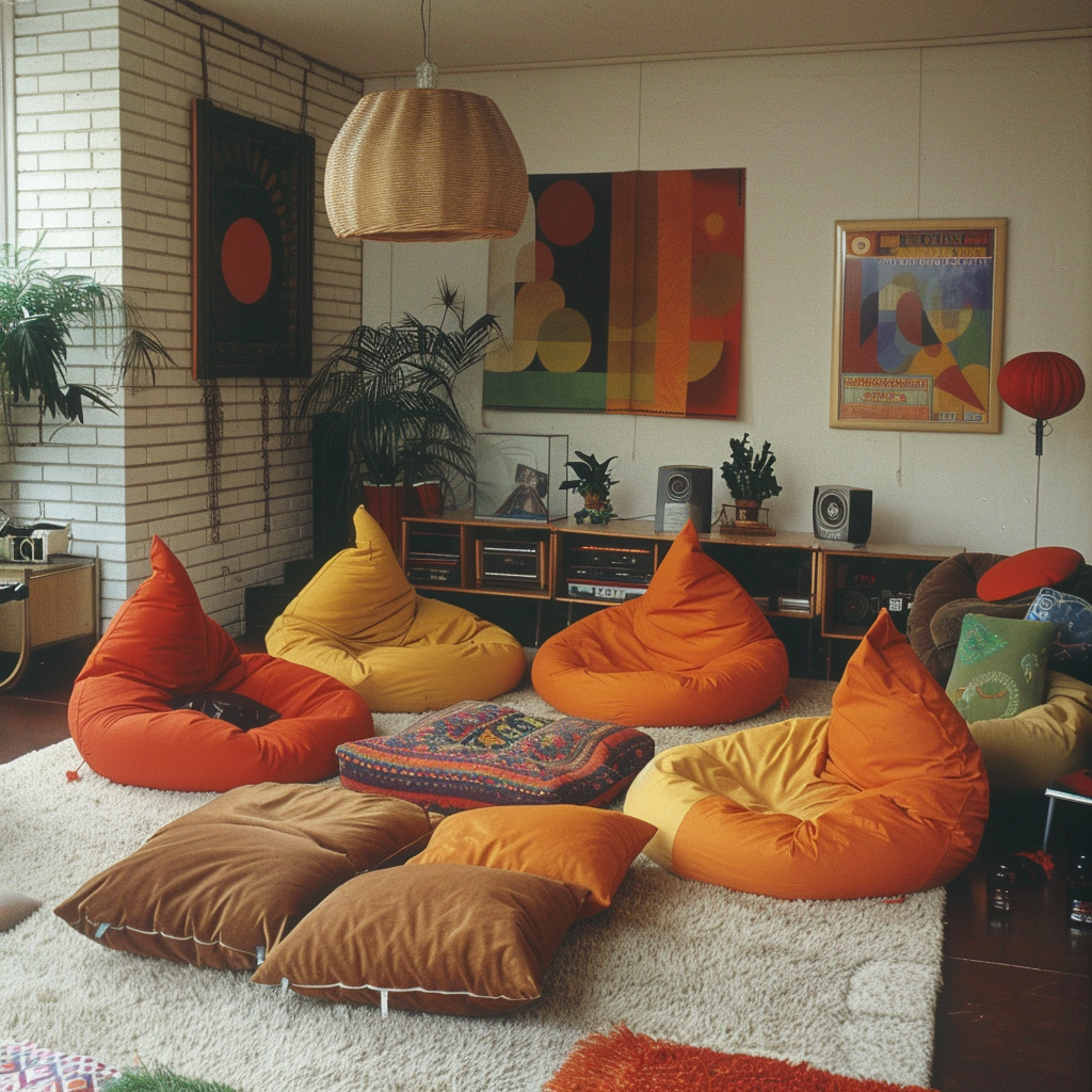 In this groovy 1970s living room, oversized bean bag chairs in vibrant hues take center stage, offering a comfortable and informal seating option that reflects the era's love for unconventional furniture and a more relaxed approach to interior design