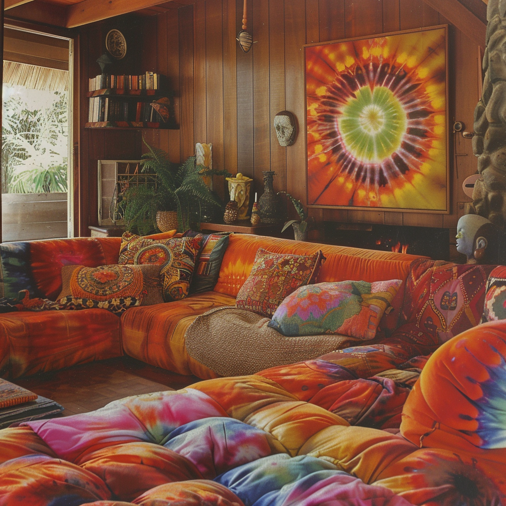 In this quirky, 1970s-inspired living room, a collection of mismatched tie-dyed throw pillows in a rainbow of bright, saturated hues adds a touch of whimsical, art-pop charm to the minimalist