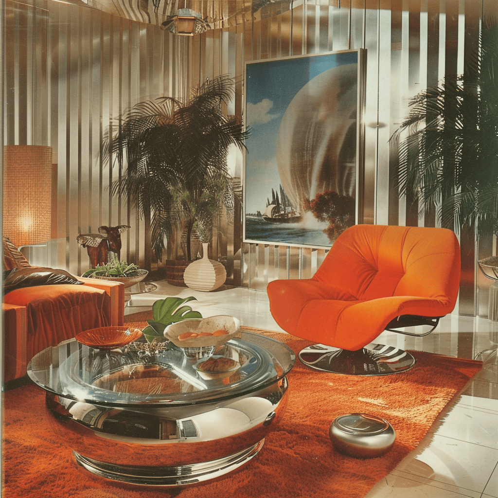 In this stylish 1970s living space, a chrome and glass console table takes center stage, its gleaming, polished finish and transparent shelves showcasing the era's fascination with space-age materials and innovative furniture design