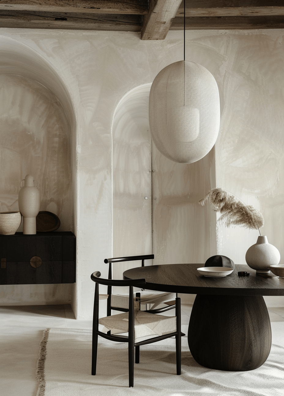 Indoor plants bringing life to a Japandi dining room design