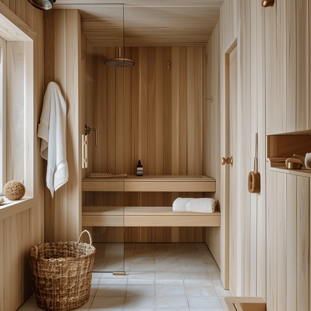 Indulgent Scandinavian bathroom with a cozy sauna crafted from pale Nordic spruce