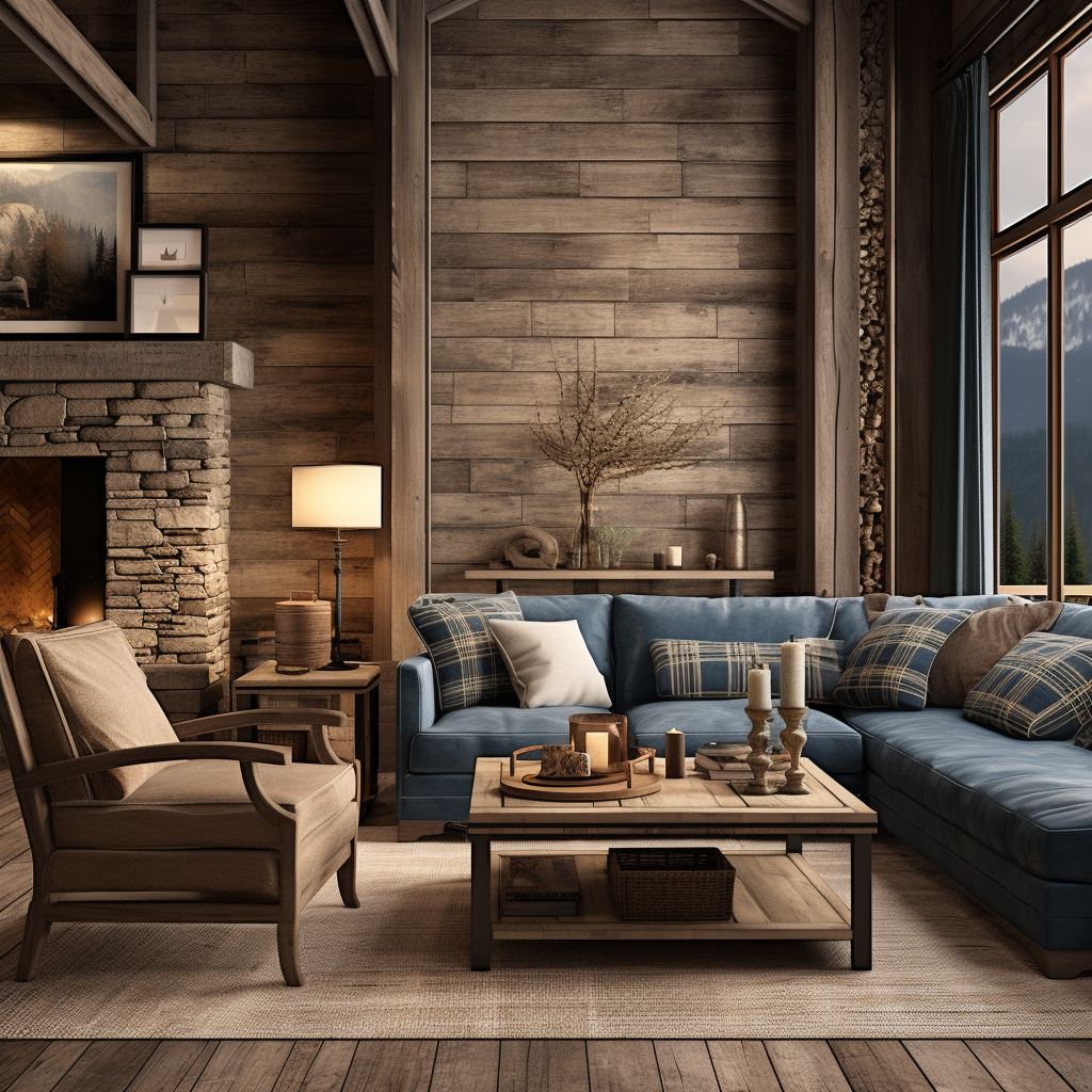 Industrial-style pendant lighting over a farmhouse living room reading area