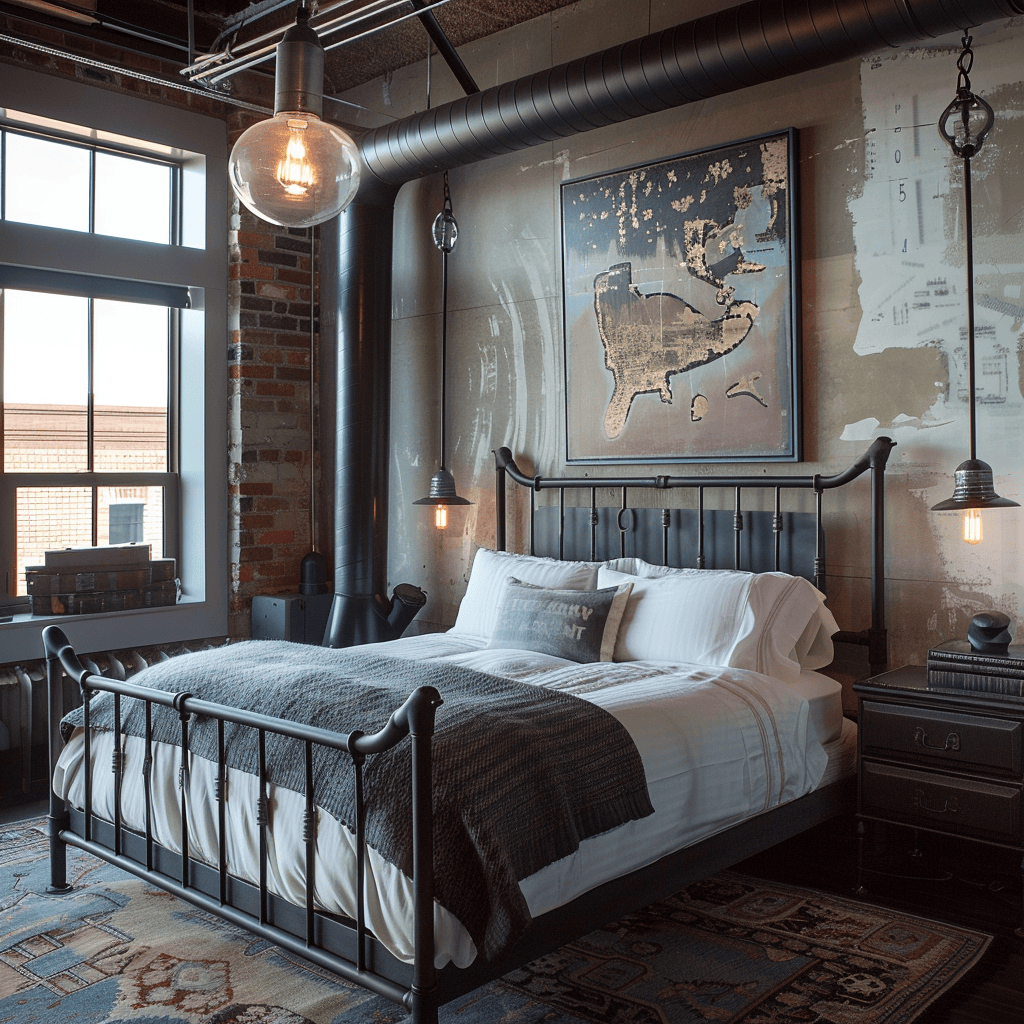 Industrial bedroom featuring metal bed frame, light fixtures, and accent pieces