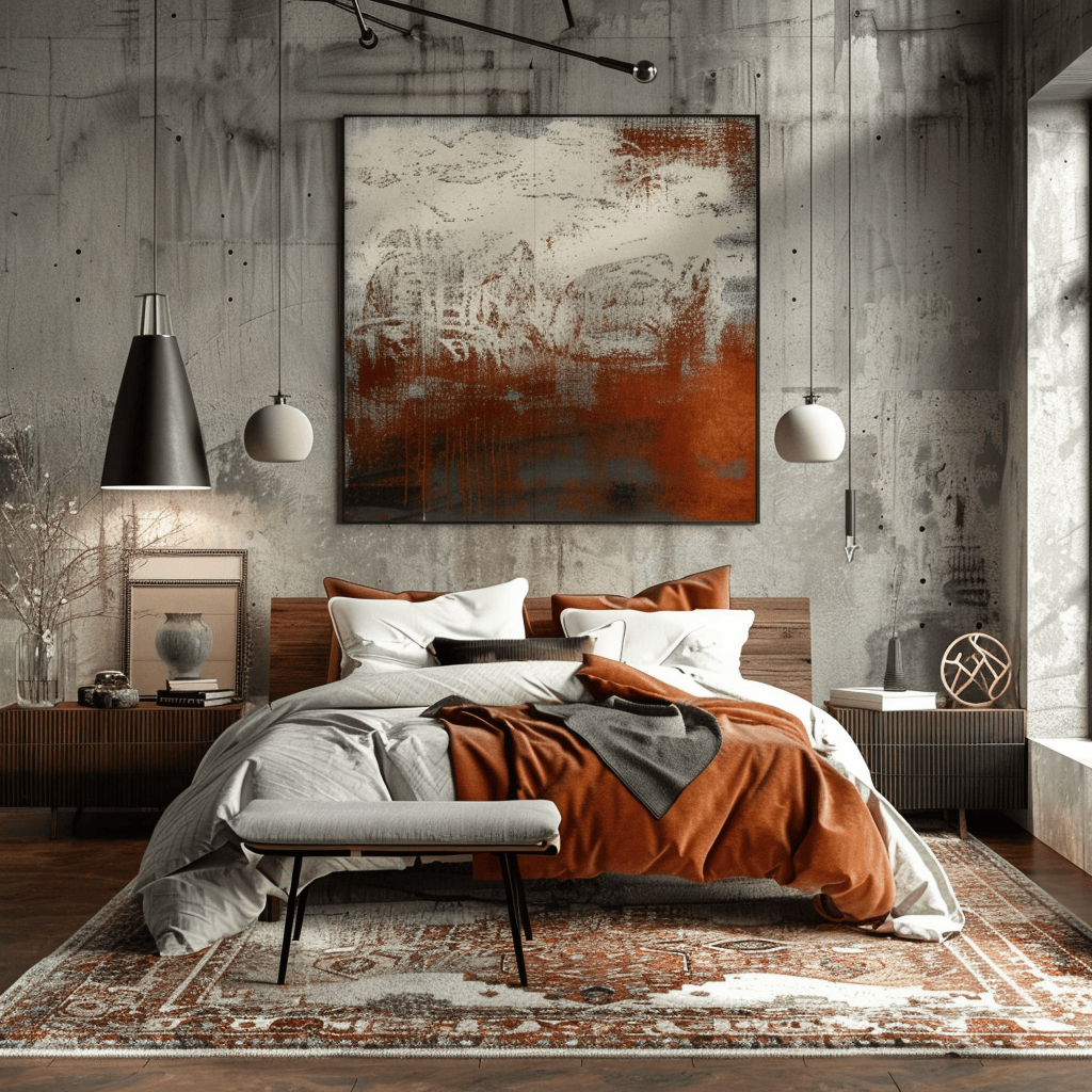 Industrial bedroom with artwork incorporating metal, reclaimed wood, or abstract prints