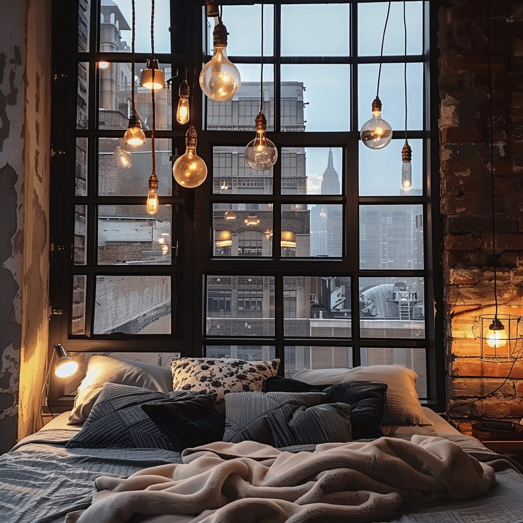 Industrial bedroom with pendant lights, Edison bulbs, and oversized windows