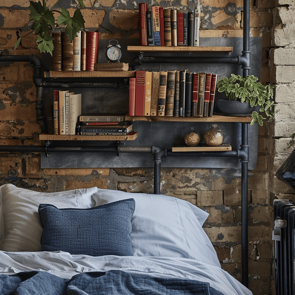 Industrial bedroom with stylish pipe shelving for displaying books, plants, and decor