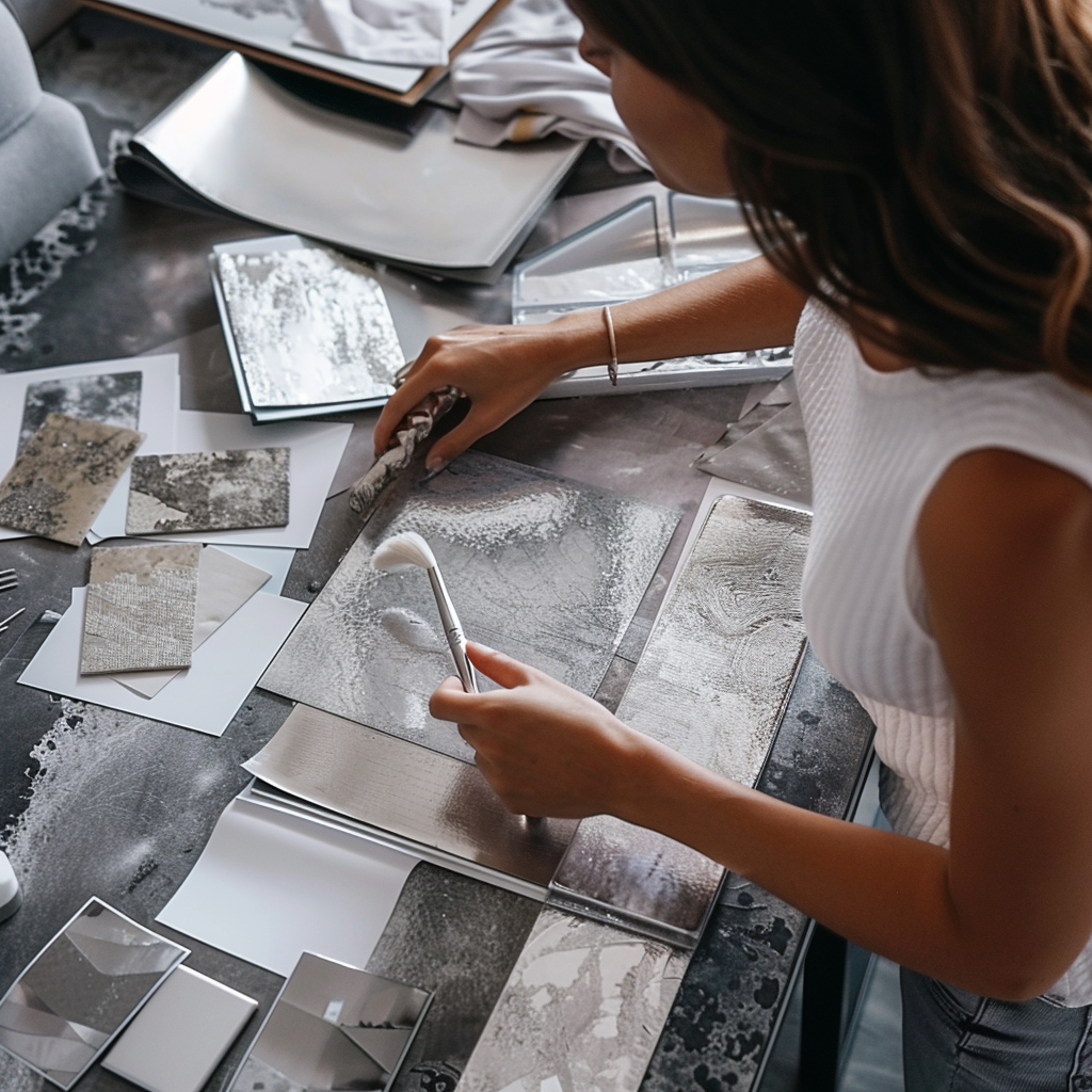 Industrial chic moodboard with silver elements blending with concrete and wood for a raw yet sophisticated interior aesthetic