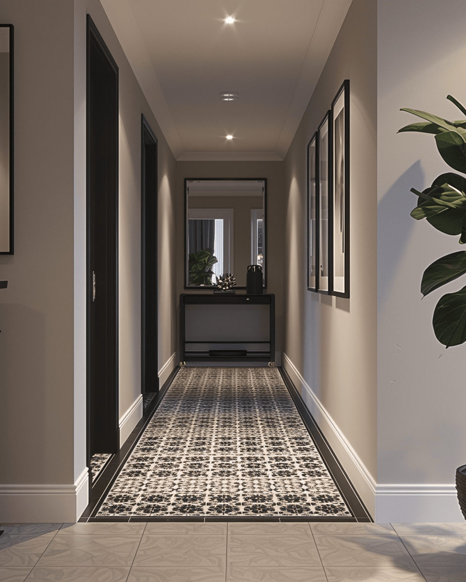 Innovative Art Deco hallway seamlessly integrating modern amenities with classic style