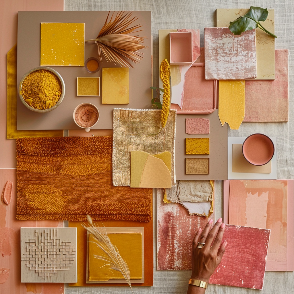 Inspired by the hues of a desert at dusk, this moodboard combines mustard, terracotta, and blush tones for a captivating boho palette