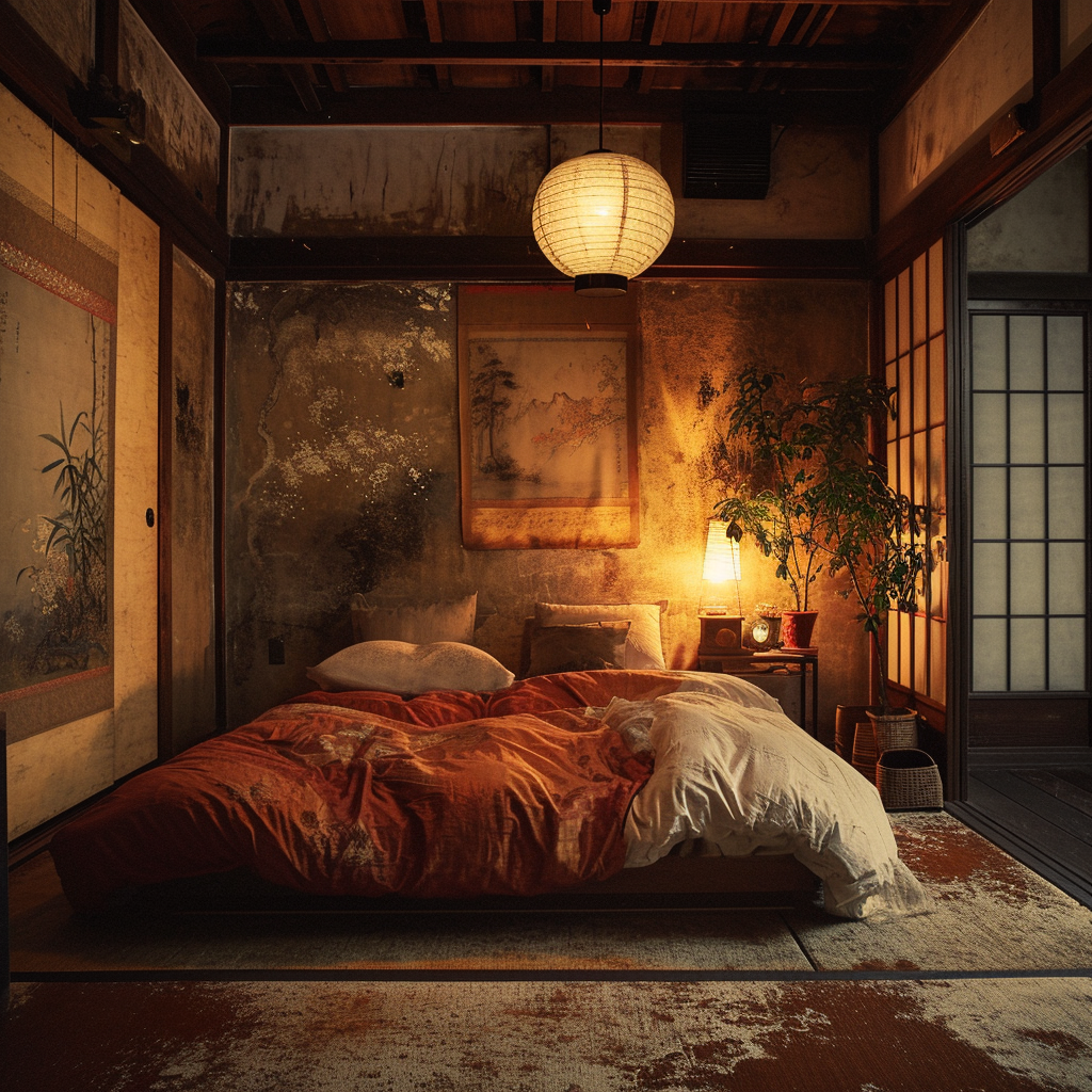 Inspiring Japanese style bedroom with zen garden accents.