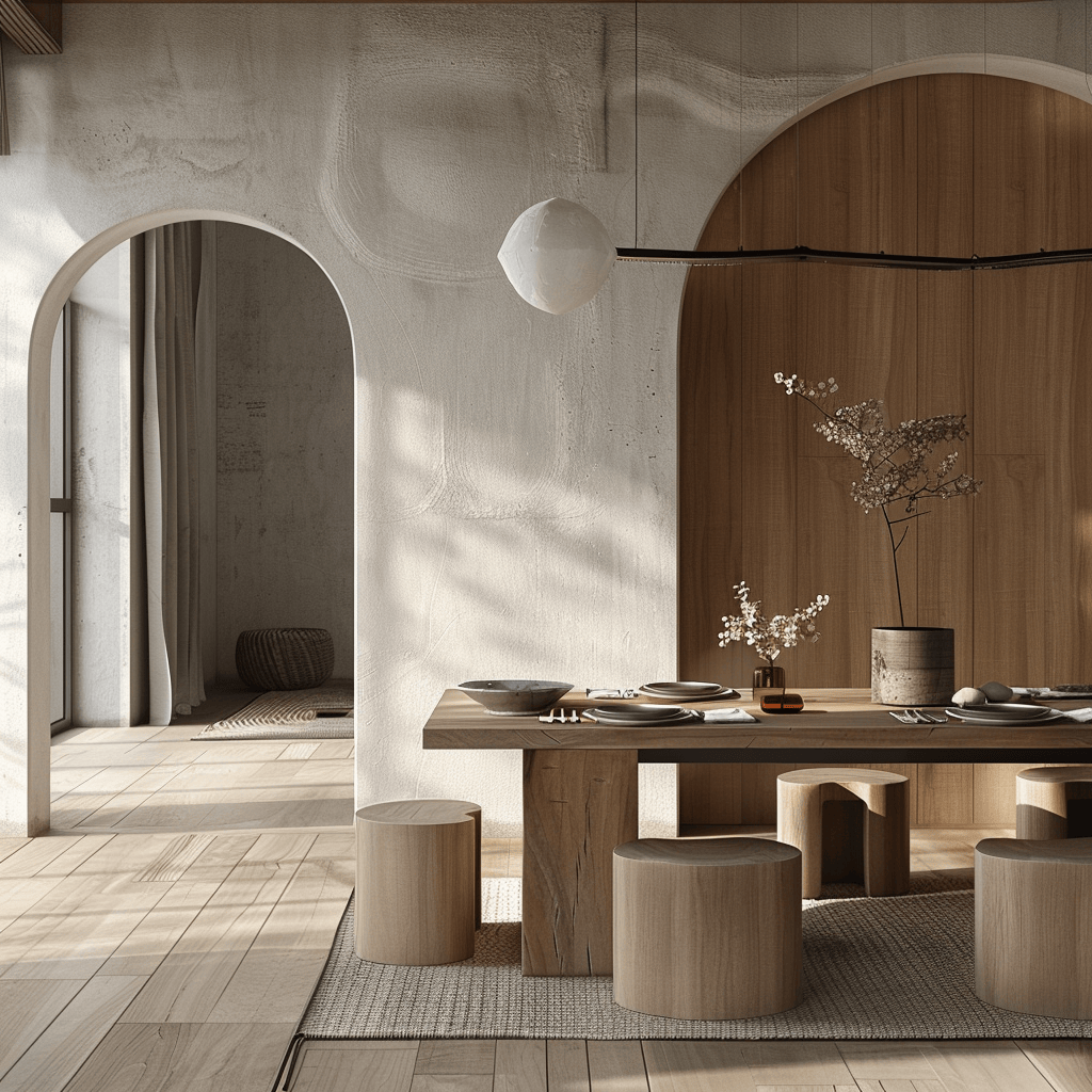 Integrated technology in a modern Japandi dining room design