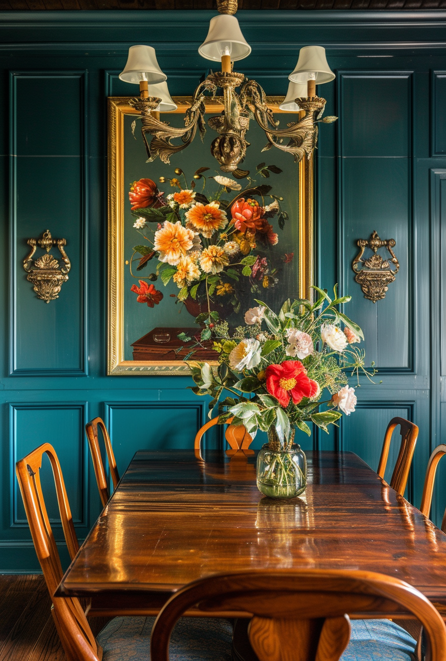 Intricate inlaid wood designs on an Art Deco style dining cabinet