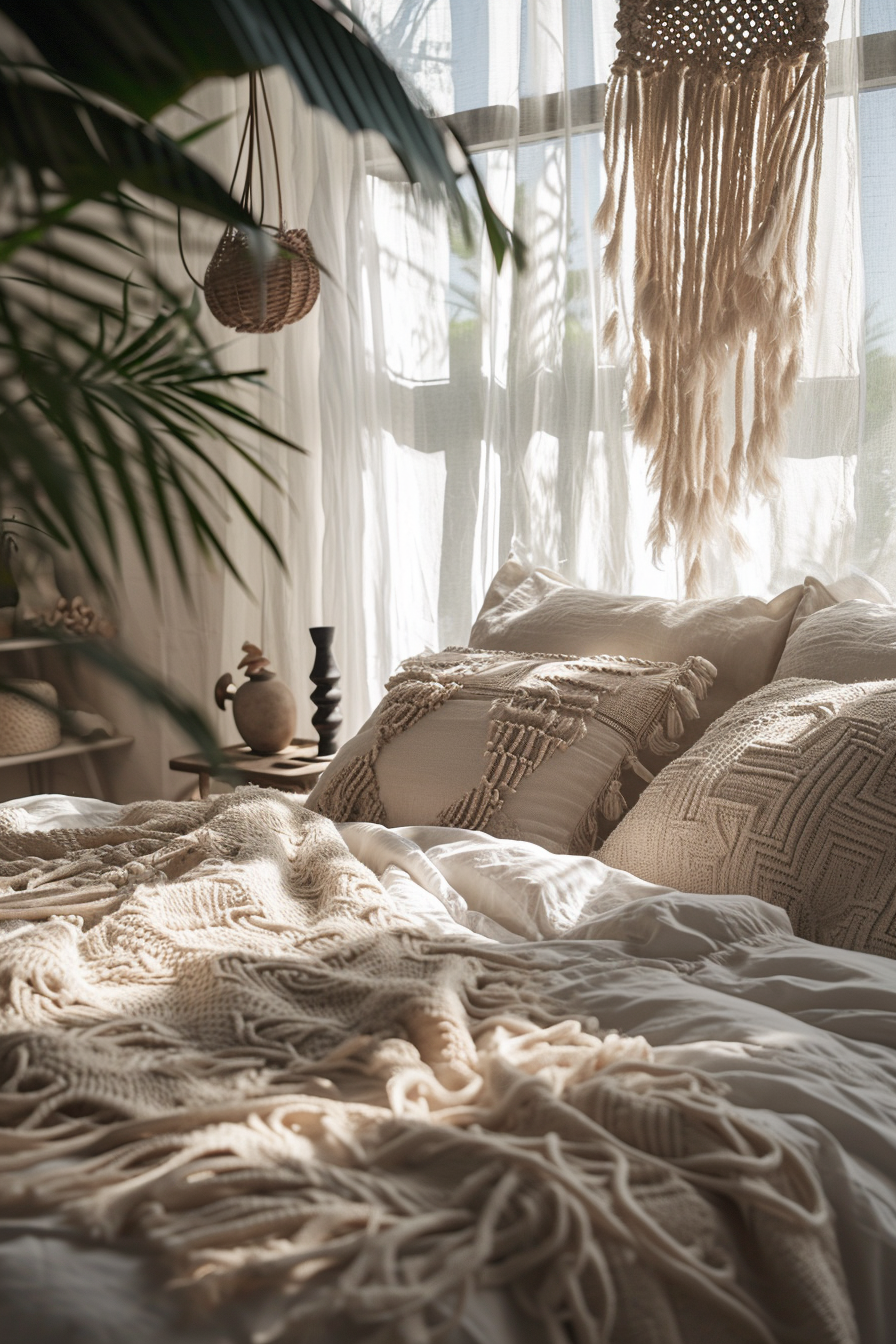 Inviting Boho bedroom with colorful rugs and mismatched furniture