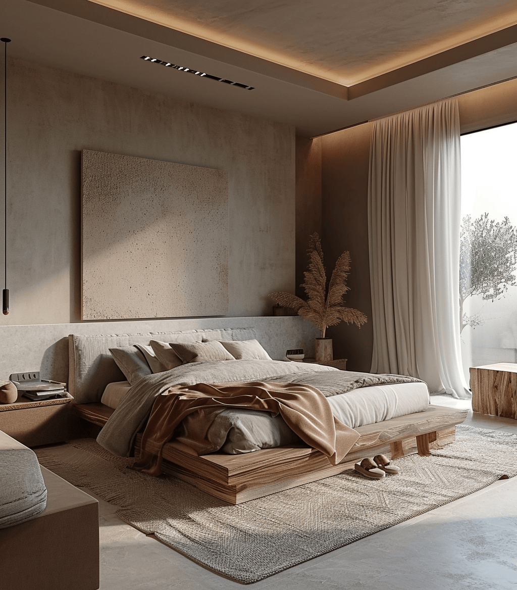 Inviting Japandi bedroom with cozy textiles and neutral, earthy tones