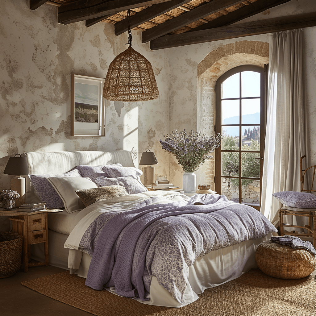 Inviting Mediterranean bedroom featuring a carefully curated selection of essential oils and candles that fill the space with the tranquil aromas of the region