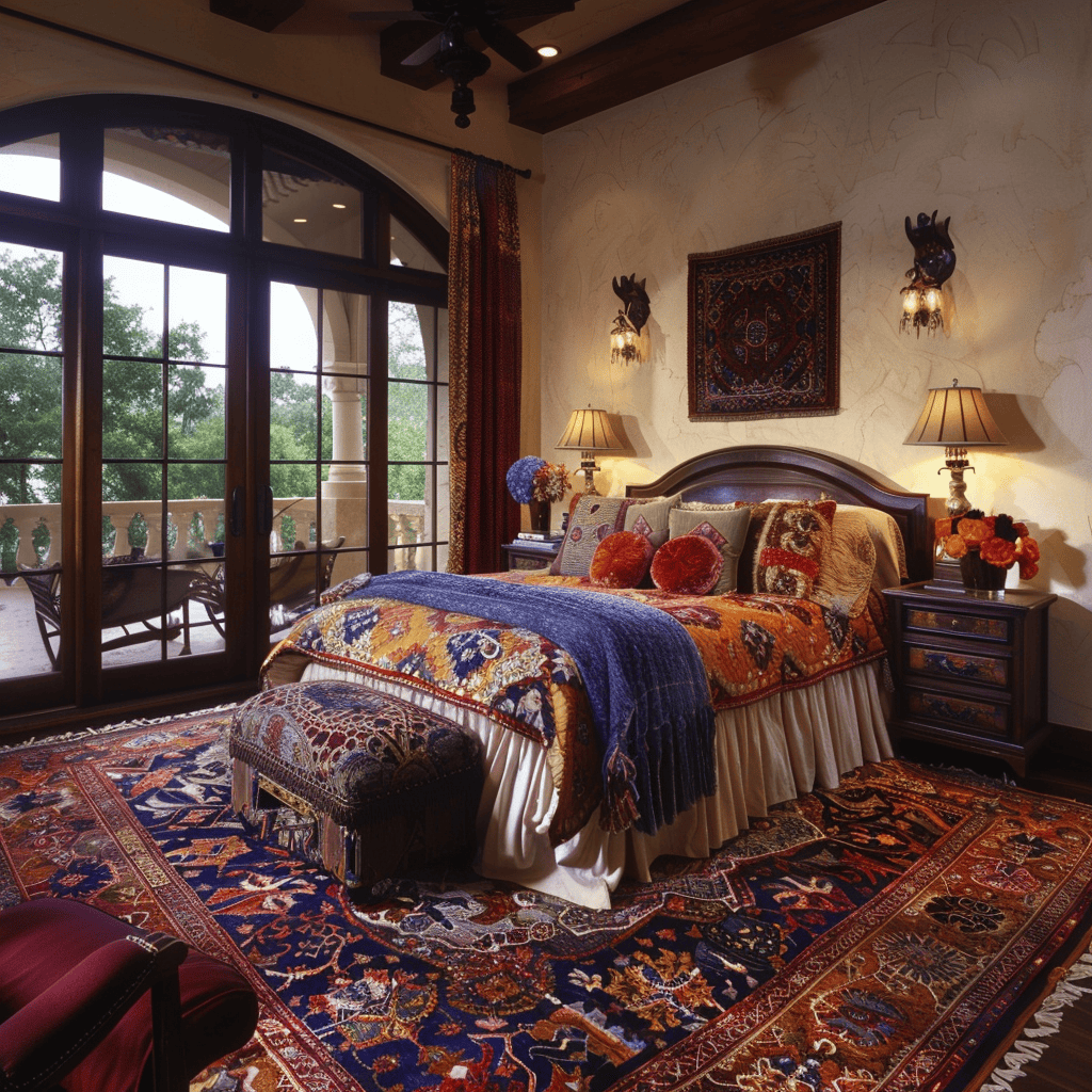 Inviting Mediterranean bedroom featuring a cozy, plush rug that invites you to sink your toes in, providing a soft landing and a welcoming atmosphere