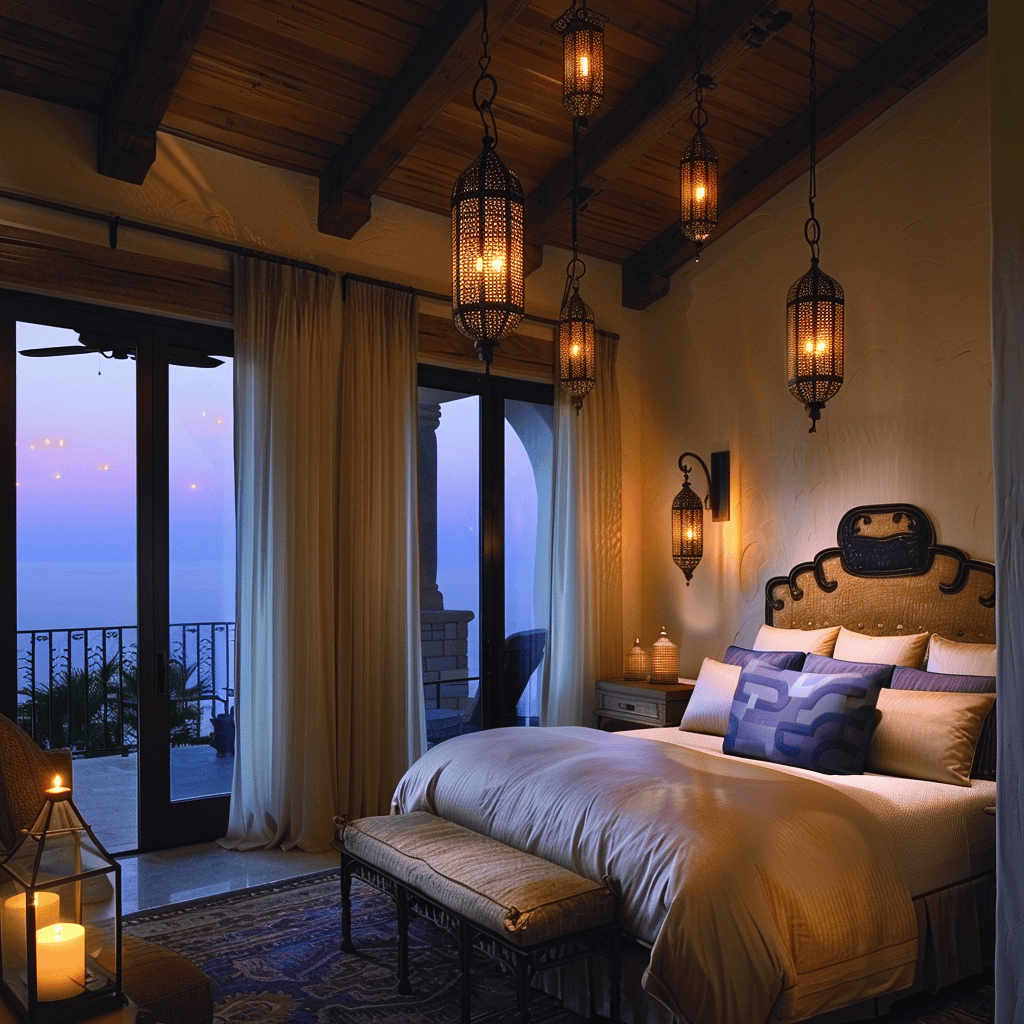 Inviting Mediterranean bedroom featuring lantern-inspired design elements that evoke the charm and ambiance of the coastal landscape, creating a warm and welcoming atmosphere