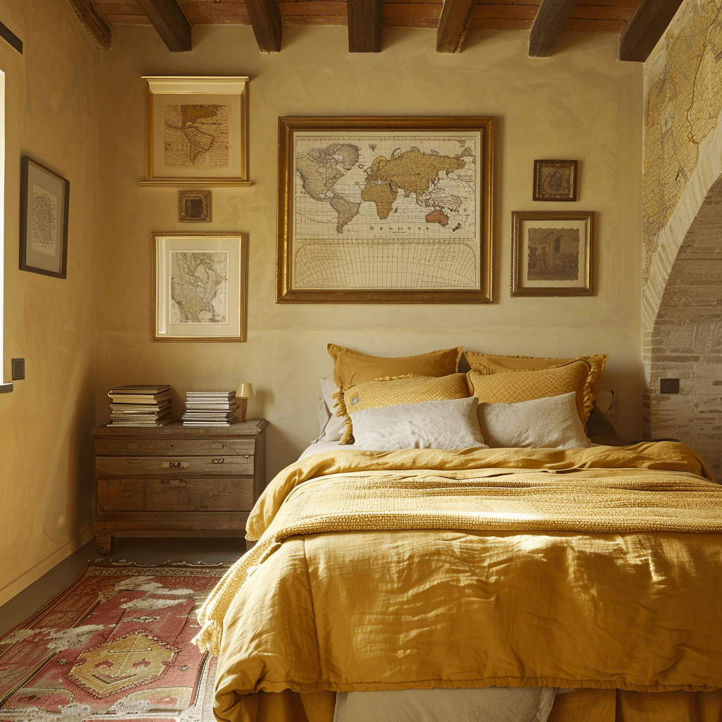 Inviting Mediterranean bedroom featuring soft sandy walls, a rich golden duvet, a collection of antique maps in gold frames, and a comforting, welcoming atmosphere