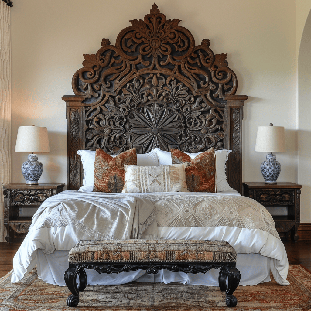 Inviting Mediterranean bedroom with a show-stopping ornate headboard as the centerpiece, adding a touch of grandeur and opulence