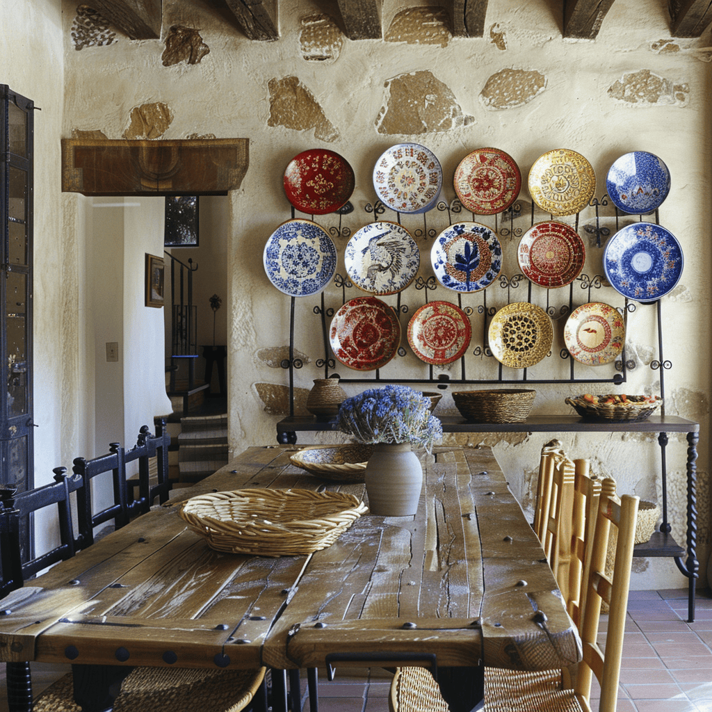 Inviting Mediterranean dining room showcasing a salvaged wood table, intricately woven seagrass chairs, and a collection of hand-painted plates on a wrought iron rack