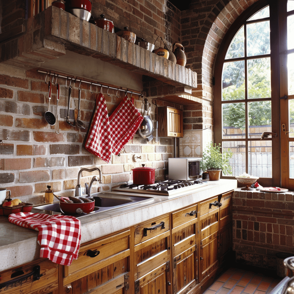 Inviting Mediterranean kitchen showcasing rustic red brick, wooden cabinets with wrought iron details, and cheerful gingham tea towels