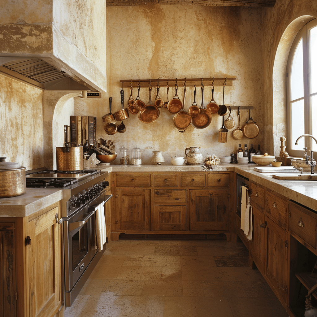 Inviting Mediterranean kitchen with hand-troweled plaster walls in warm beige, distressed wooden cabinets, and a display of copper pots on a hanging rack