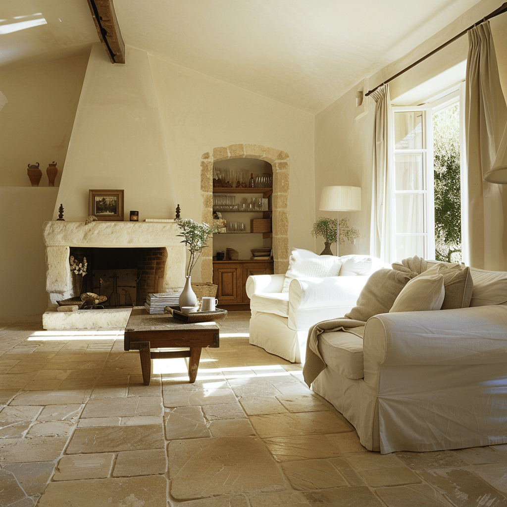 Inviting Mediterranean living room featuring natural stone flooring for an authentic and characterful look