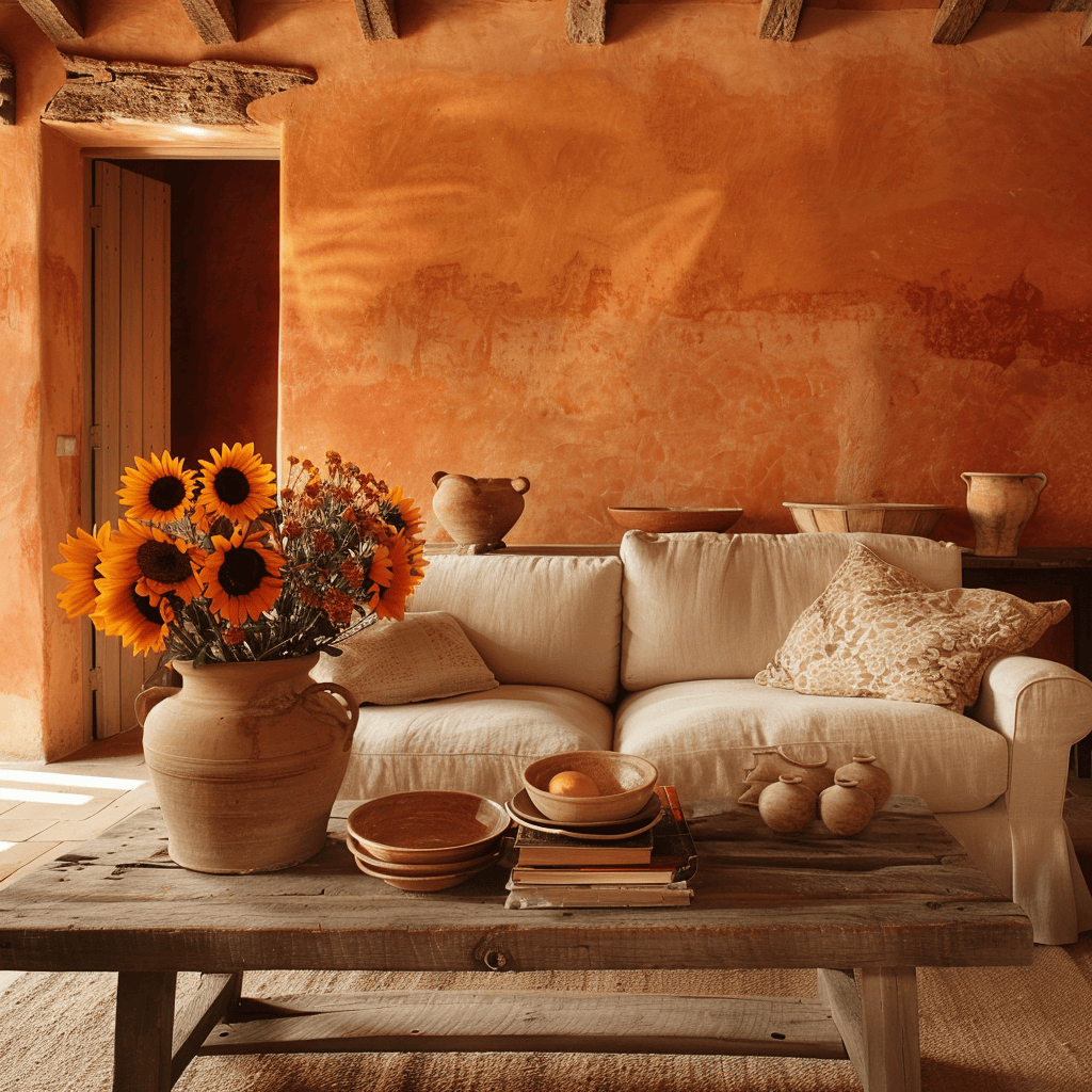 Inviting Mediterranean living room featuring terracotta walls, a beige sofa, and a sunflower-adorned coffee table