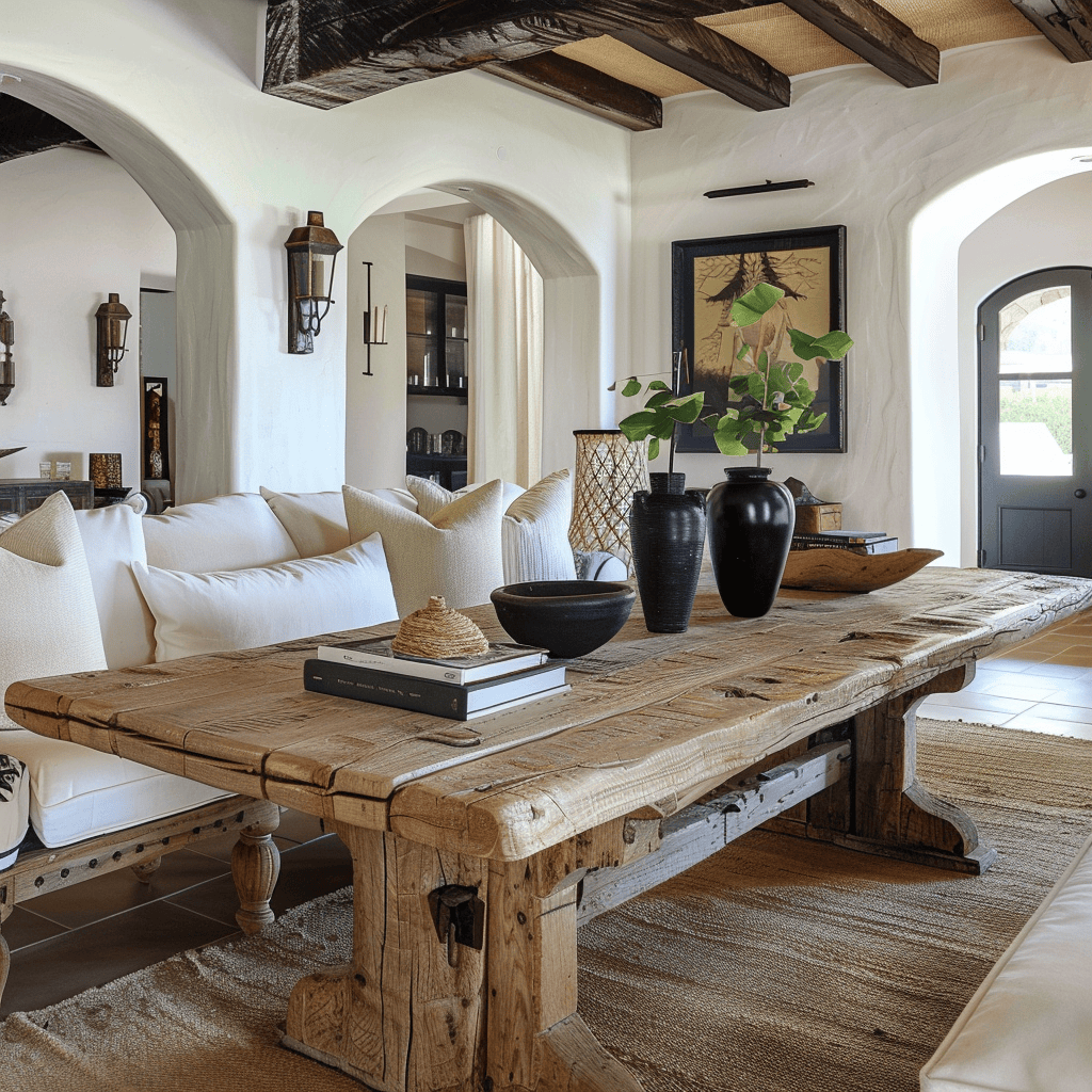 Inviting Mediterranean living room showcasing a rustic dining table perfect for gatherings and family meals