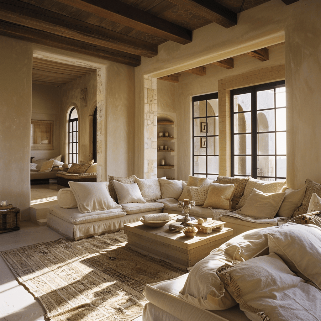 Inviting Mediterranean living room showcasing a variety of comfortable seating options for a relaxing ambiance
