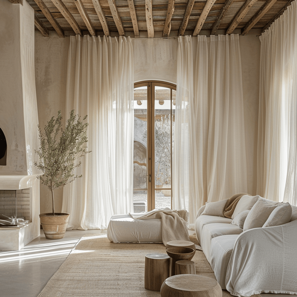 Inviting Mediterranean living room showcasing lightweight curtains and drapes for a breezy and airy feel