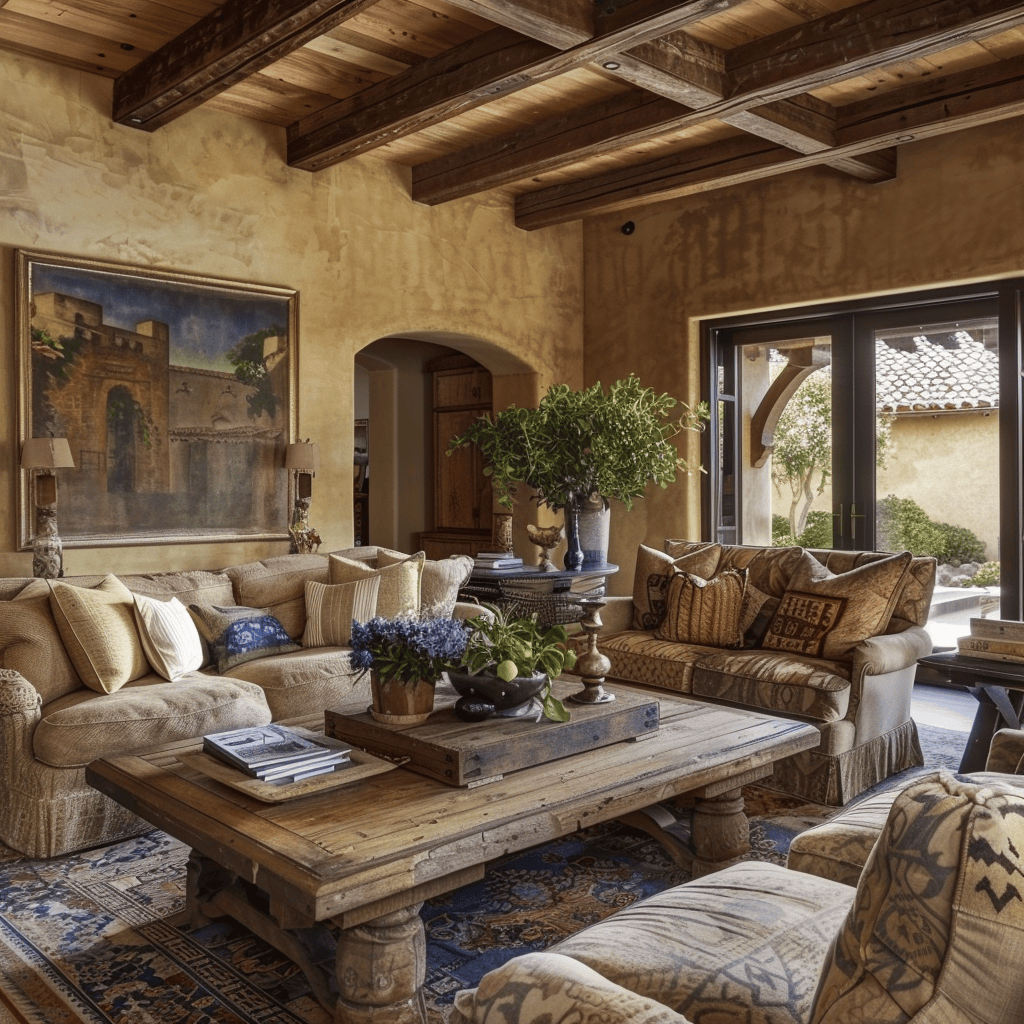 Inviting Mediterranean living room showcasing rustic wood furniture for a cozy and characterful ambiance