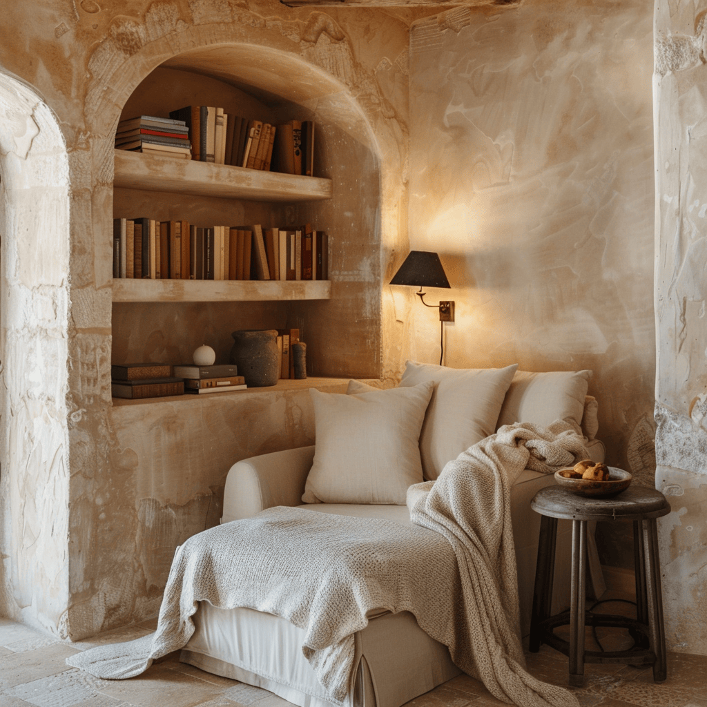 Inviting Mediterranean living room showcasing the creation of cozy nooks and reading corners for a warm and intimate ambiance