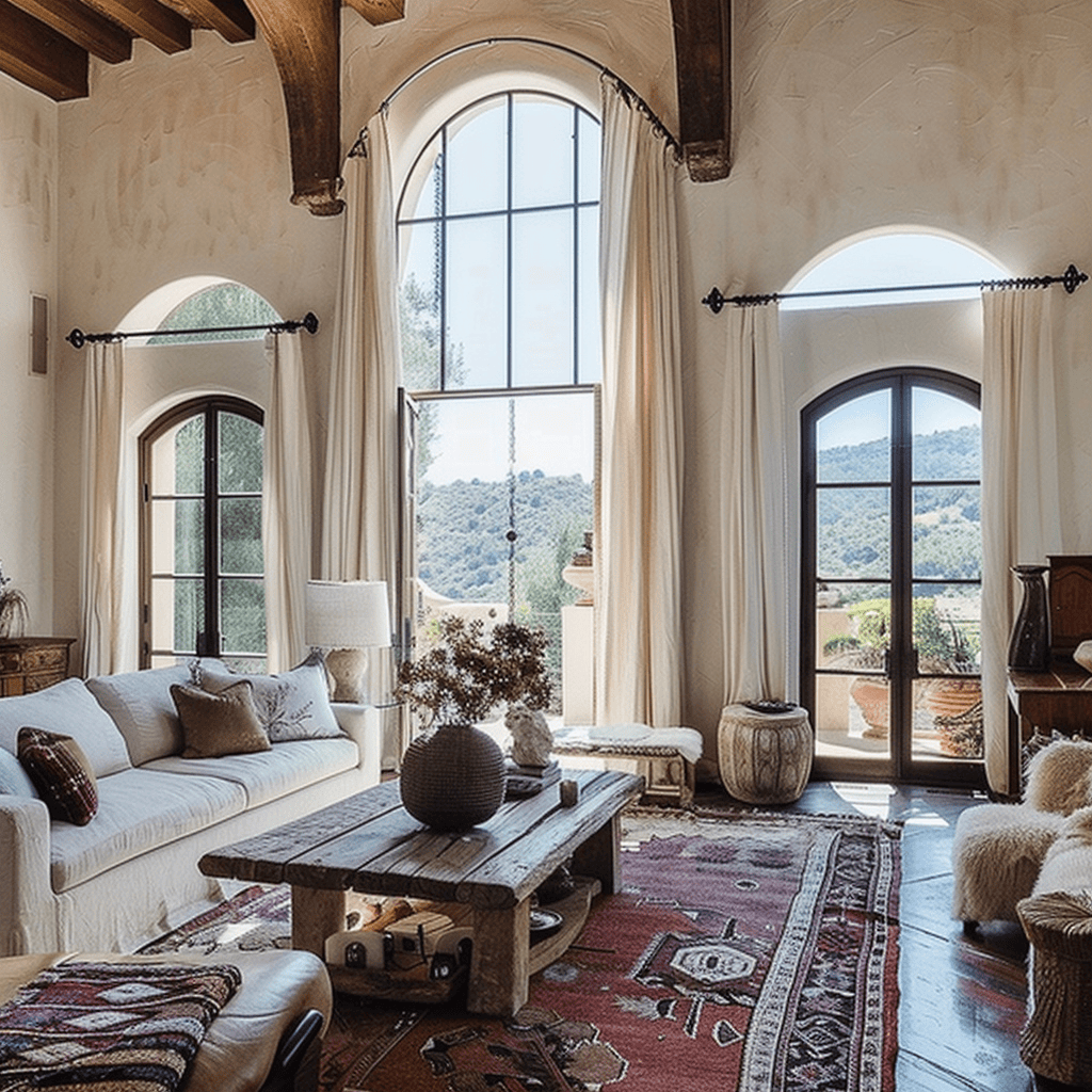 Inviting Mediterranean living room showcasing the use of arched doorways and windows for a characterful and authentic feel