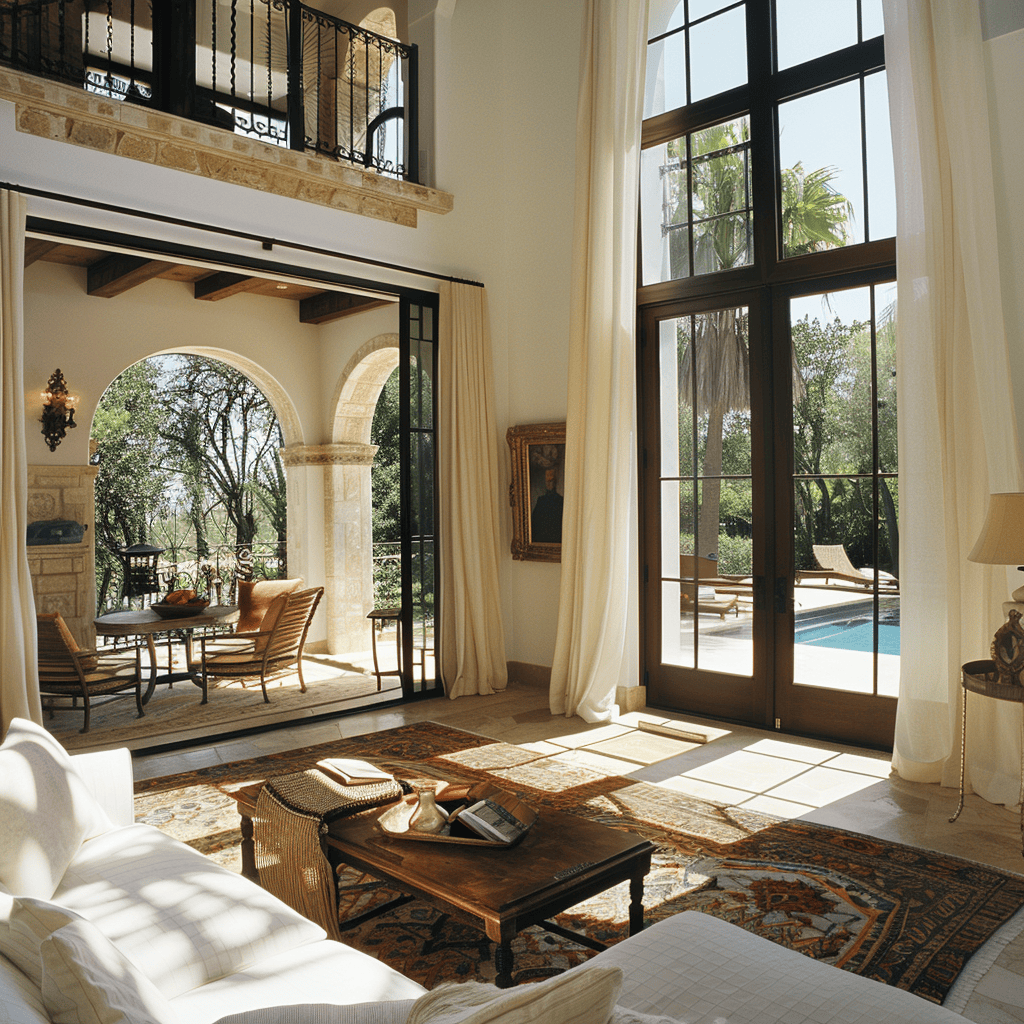 Inviting Mediterranean living room with a blend of indoor and outdoor living areas for entertaining