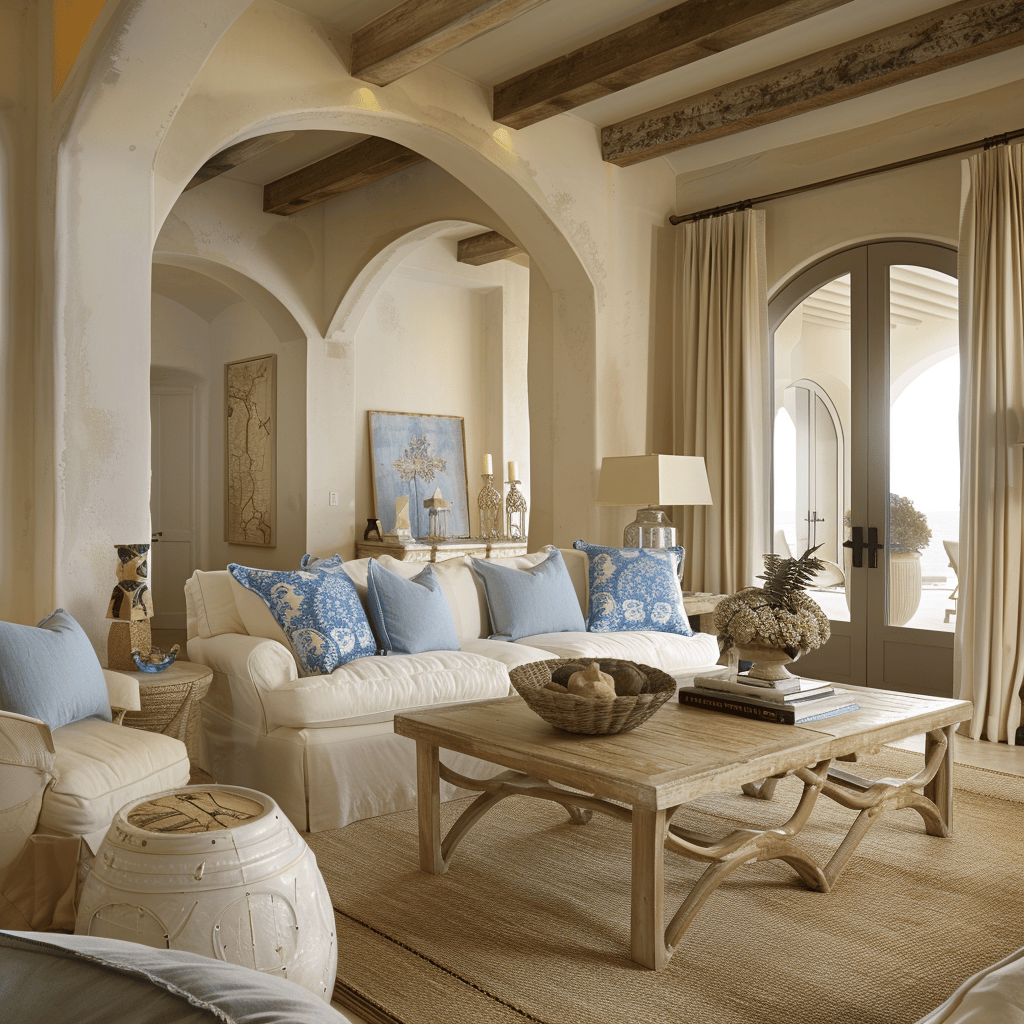 Inviting Mediterranean living room with a focus on the allure of coastal inspired design