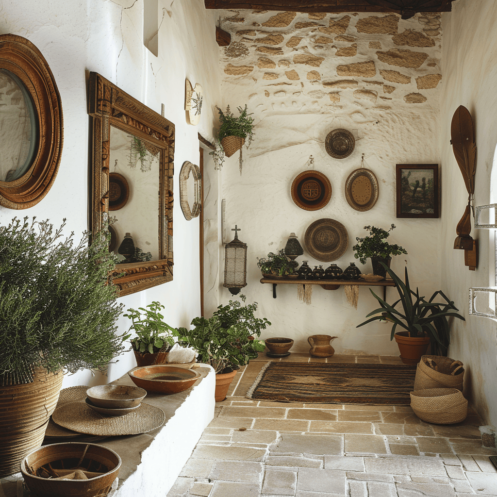 Inviting Mediterranean living room with a mix of plants pottery decorative plates and antique elements