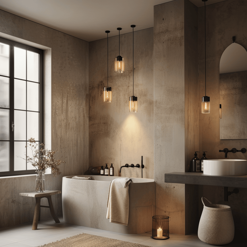 Inviting Scandinavian bathroom with a blend of suspended pendant lights and wall sconces generating a pleasant ambiance