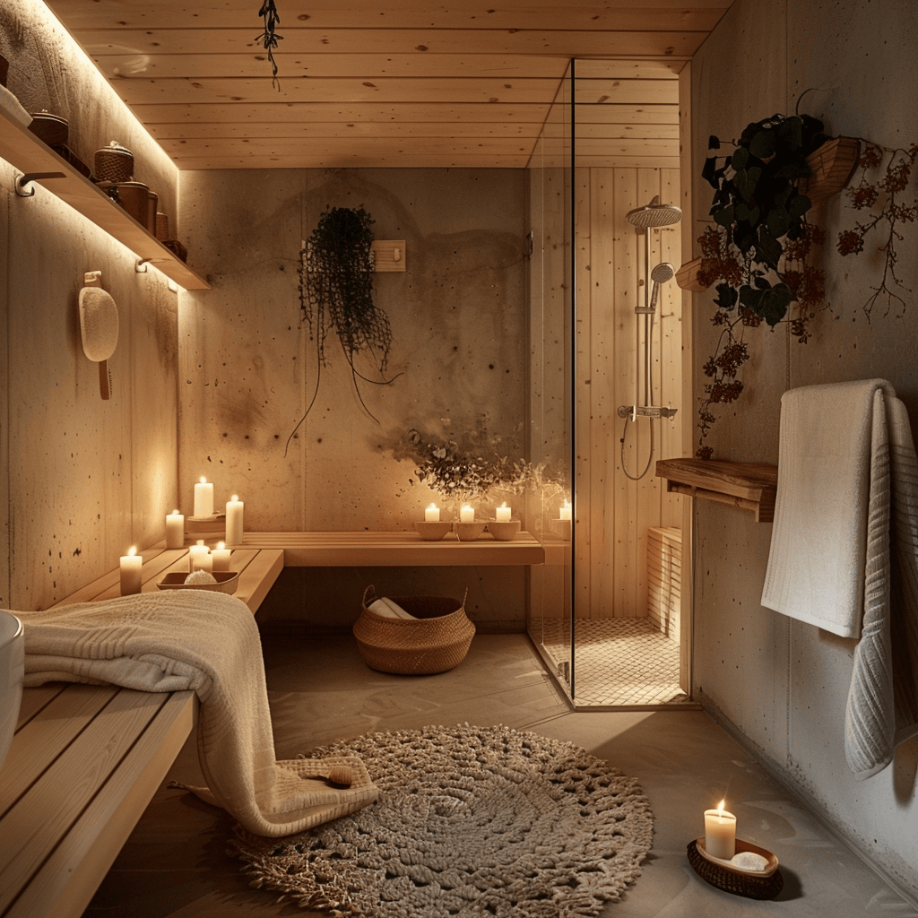 Inviting Scandinavian bathroom with a small sauna candles creating a warm ambiance and a luxurious neutral rug