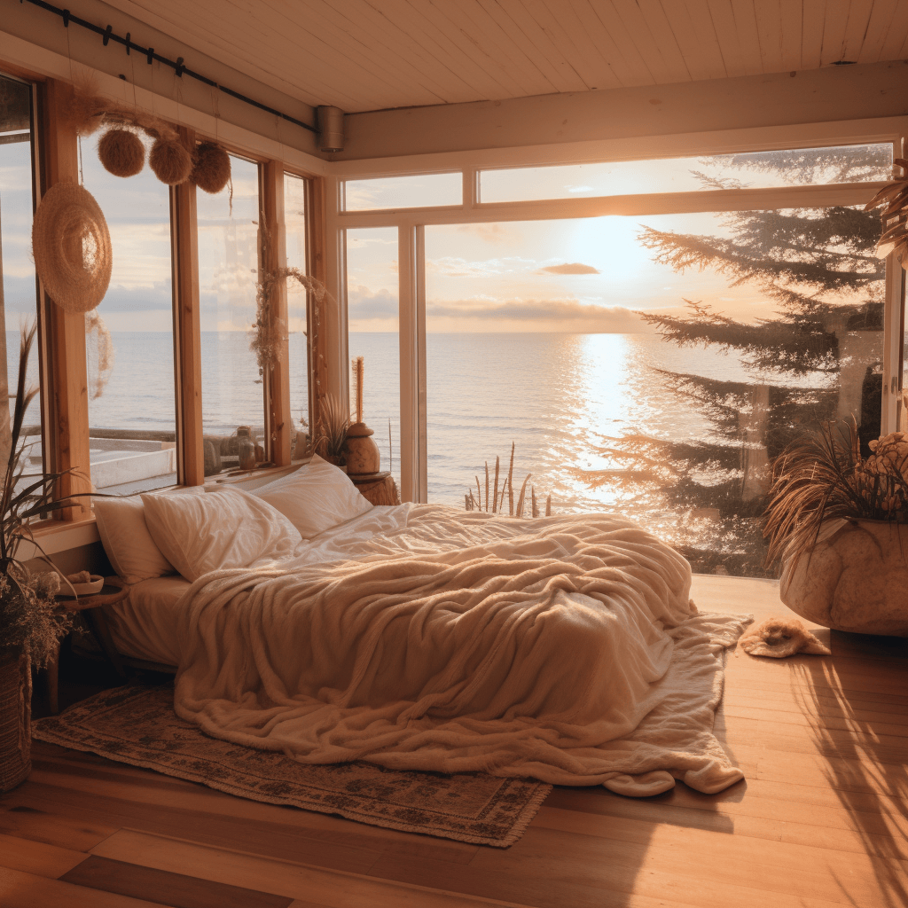 Inviting coastal bedroom with plush pillows and a knitted throw rug