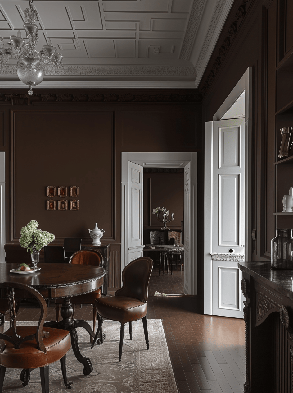 Inviting dark dining room with cozy textures and layered rugs